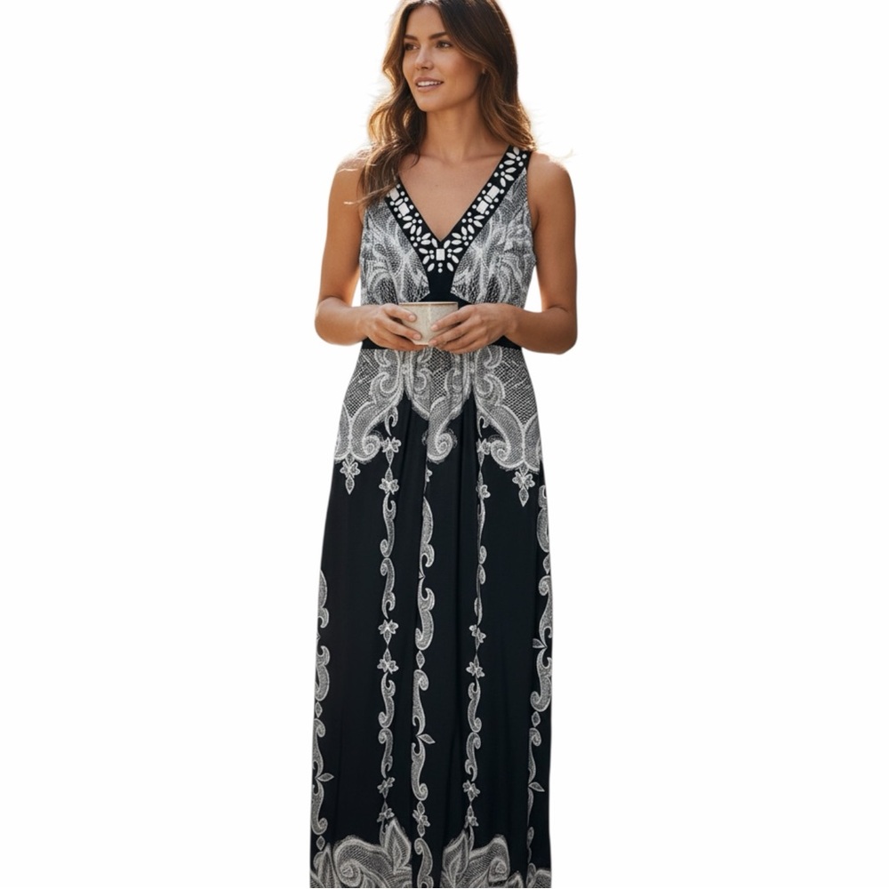 Style & Co. Black & White Beaded Paisley Print Maxi Dress Size PL - Picture 1 of 10